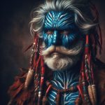 Old warrior chief, tribal panther make up, blue on red