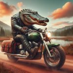 An alligator wearing a leather jacket riding a motorcycle on a dirt road, digital art
