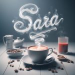 A cup of coffee with smoke named Sara