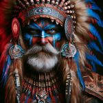Old warrior chief, tribal panther make up, blue on red